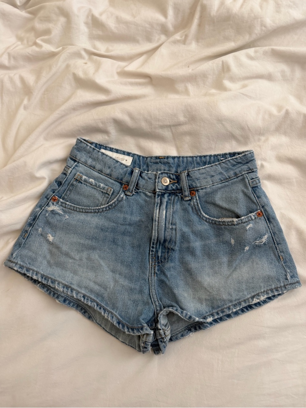 Zara Light Blue Distressed Denim Shorts